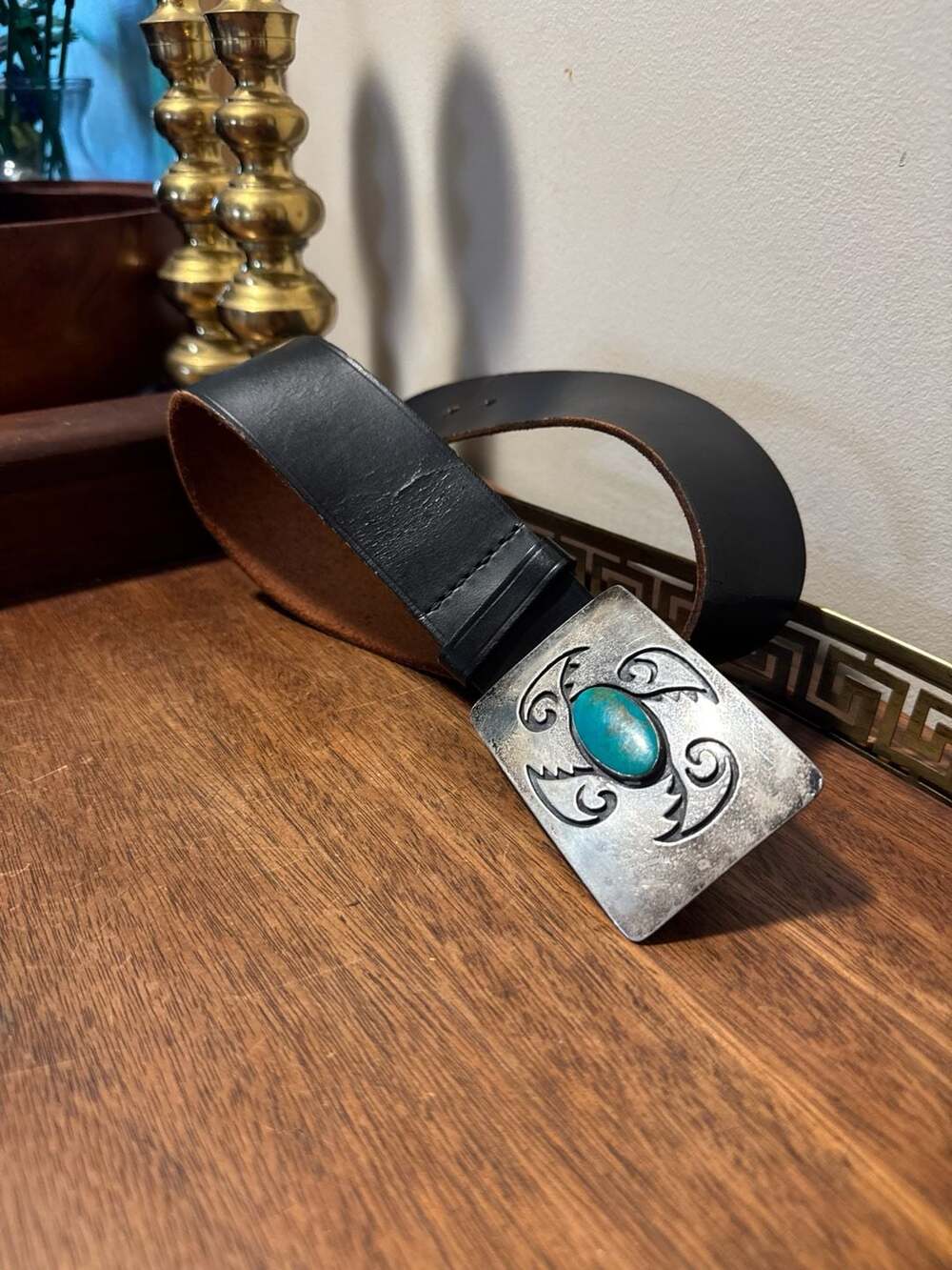 Vintage signed Native American Turquoise Silver-Tone Buckle Black Leather Belt